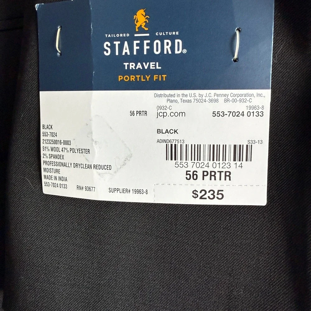 Stafford Travel Portly‎ Fit Black Wool Blend Blazer Jacket Men's 56 PRTR